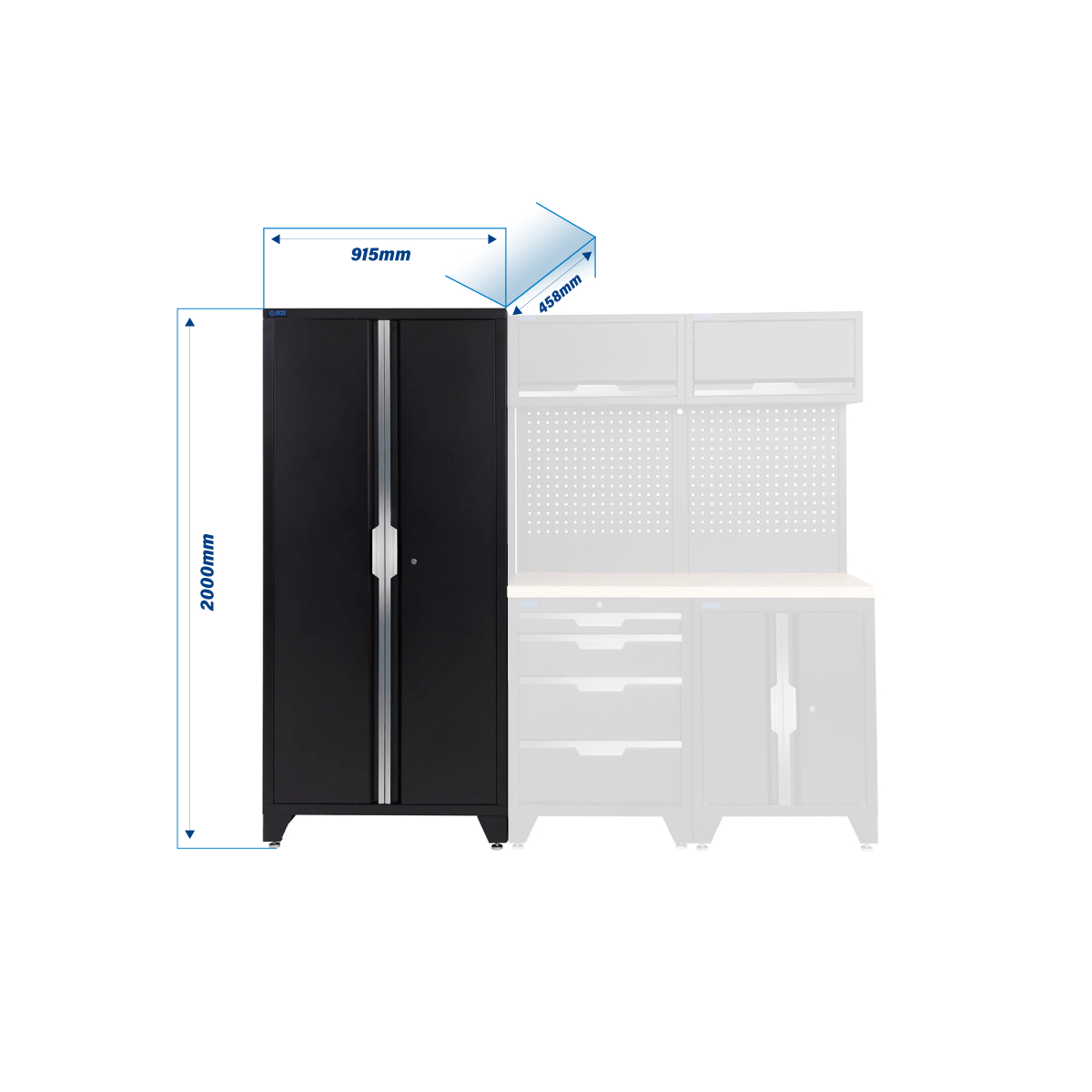SGS 7pc Garage Storage System | 4 Drawers | Pressed Wood Worktop | Floor Cabinet | 2x Upper Cabinets | Tall Double Cabinet